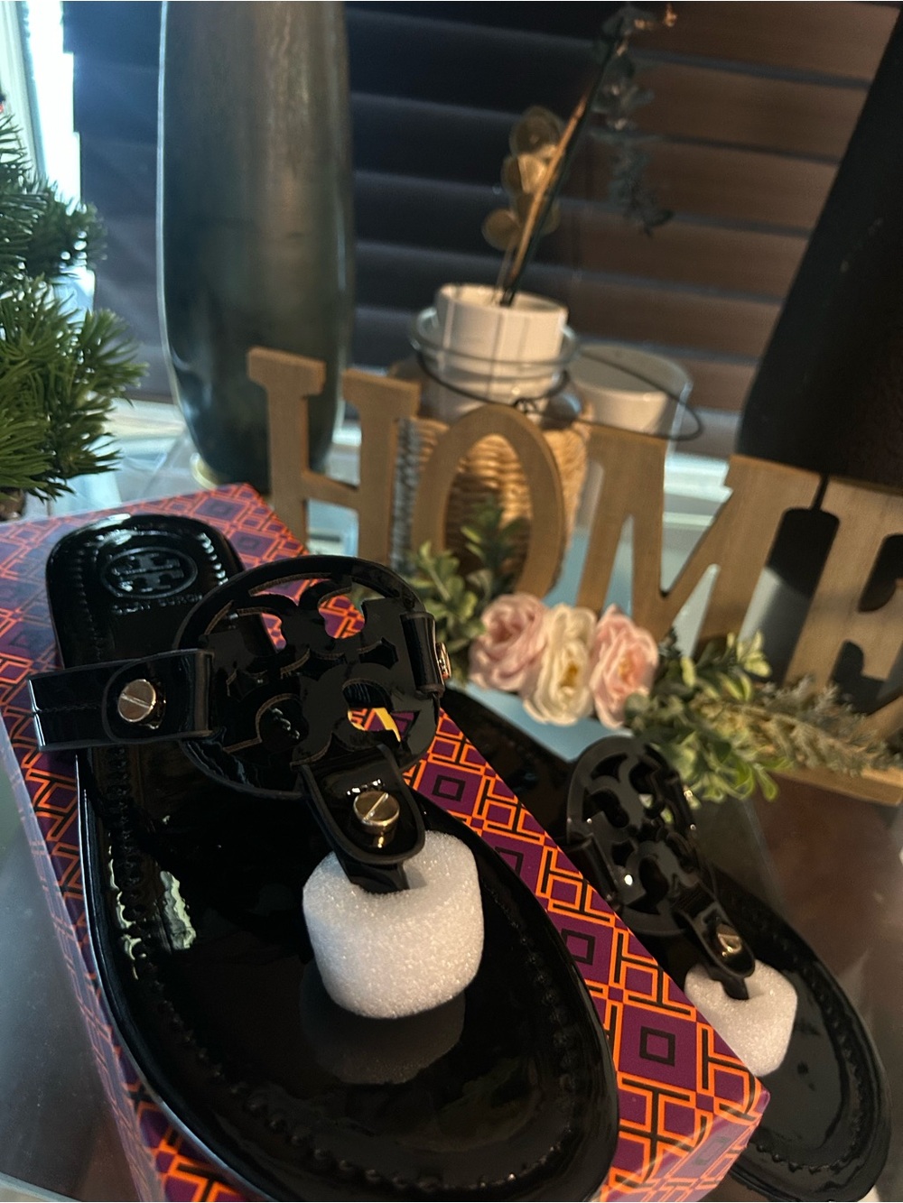 Tory Burch Black Patent Miller Sandals with Logo Cutout